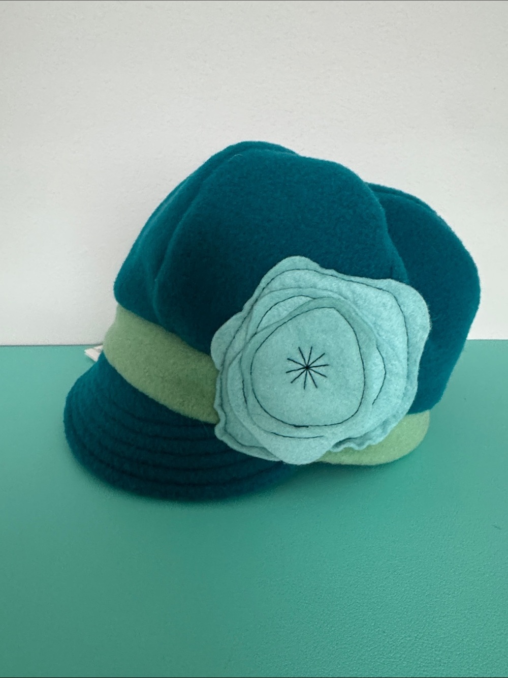 Teal Felt Hat with Light Green Band and Flower Accent